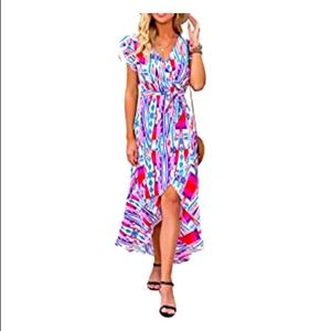 Women casual summer floral print dress Cross V neck Dress Long Maxi Dresses